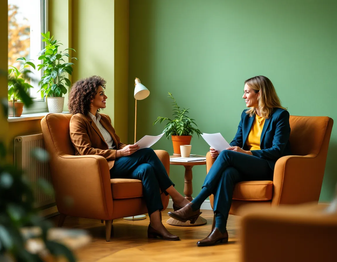 A warm feedback conversation between two people beside a window